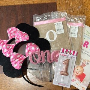 Pink Polka Dot Mouse Ears Headbands and 1st birthday Party Set